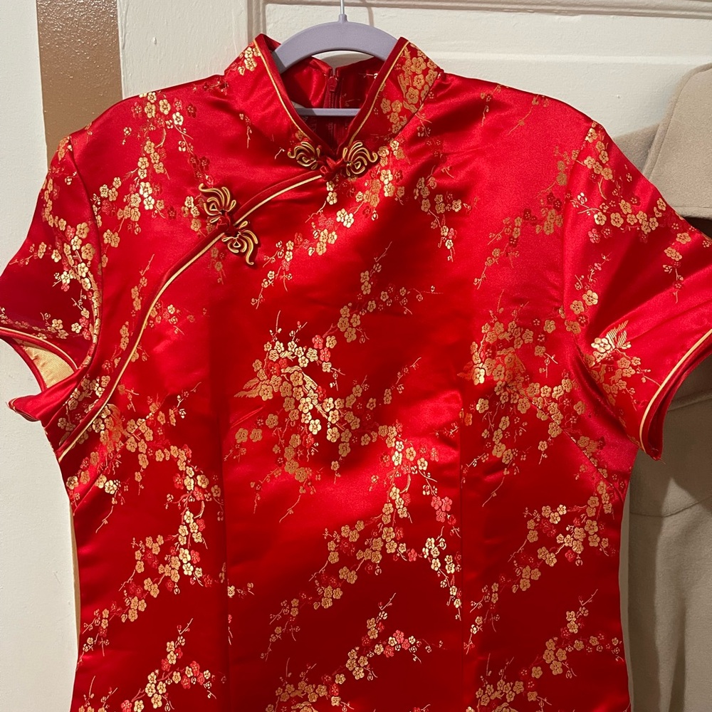 Red and Gold Floral Cheongsam Dress
